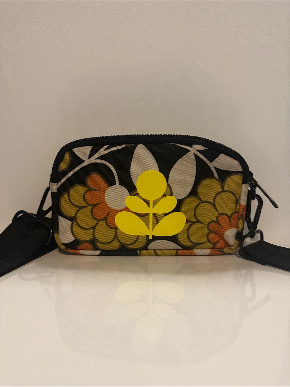 Orla Kiely Black Floral Graphic Crossbody with Yellow and Orange Accents